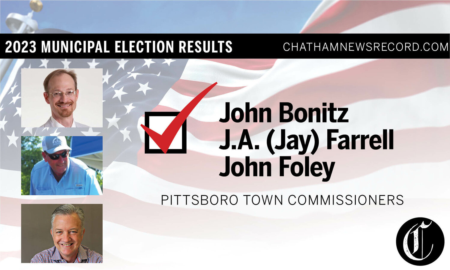 John Bonitz, Jay Farrell and John Foley won seats for Pittsboro Town Commissioners on Tuesday, Nov. 7, 2023.